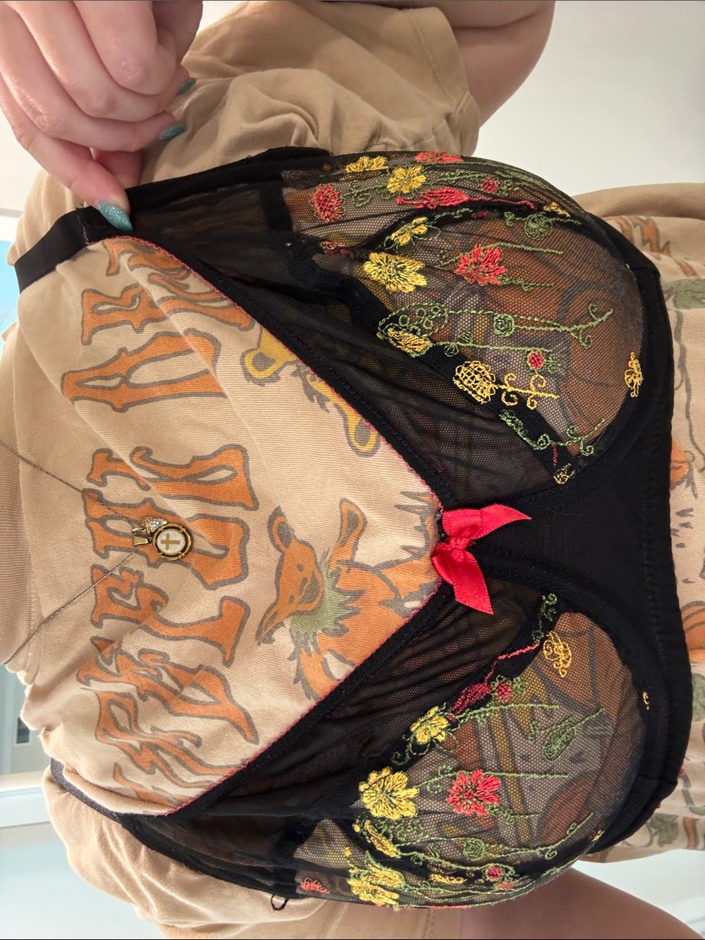 Adore Me Black Sheer Embroidered Bra with Yellow & Pink Floral Detail - Picture 2 of 7